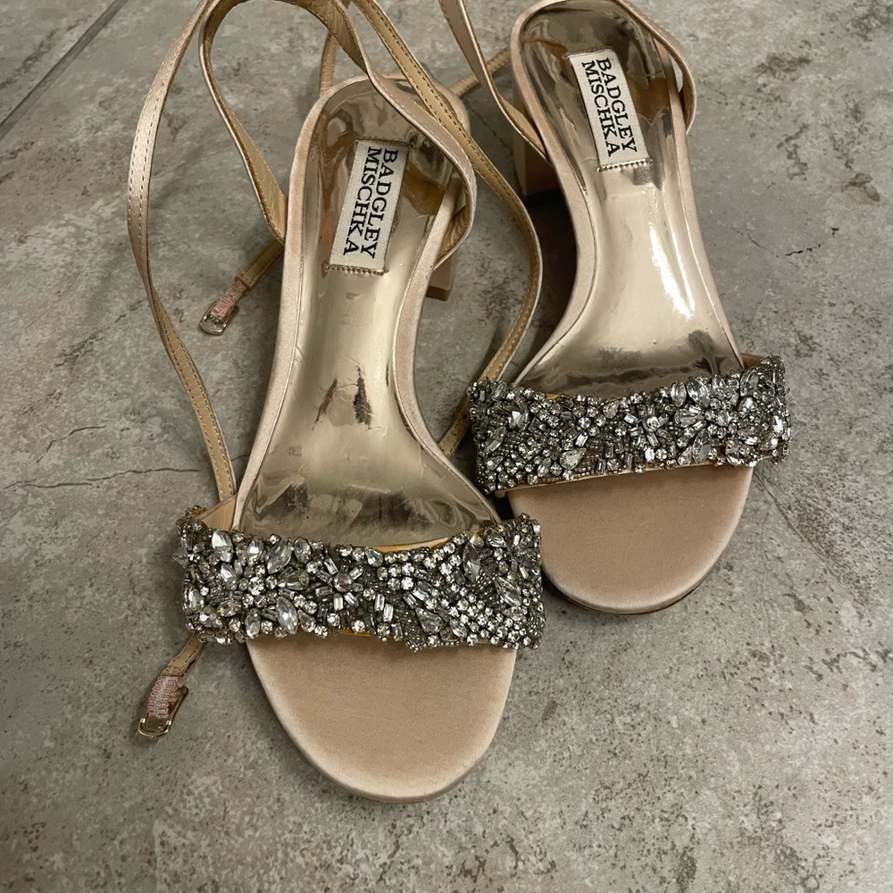 Badgley Mischka Tan Heels with Crystal Embellishments
